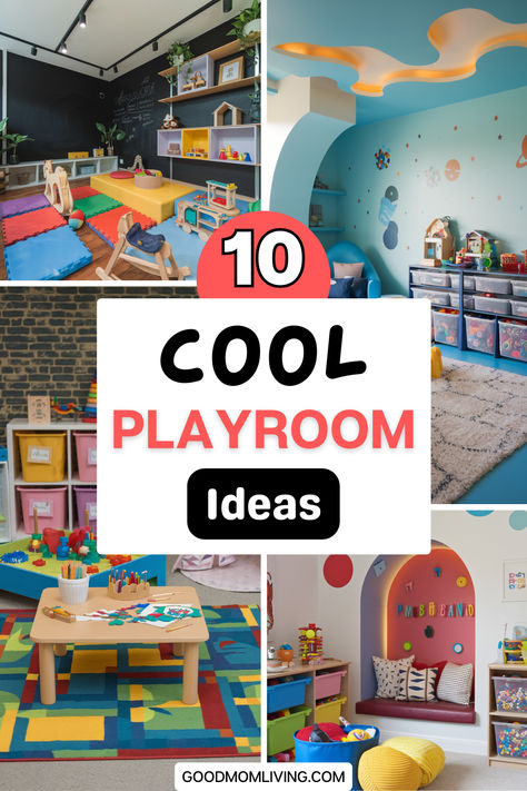 Collage of creative playroom designs showcasing colorful furniture, engaging play areas, and organized storage solutions, accompanied by a title highlighting "10 Cool Playroom Ideas" Play And Craft Room Ideas, Playroom Ideas For Babies, Functional Playroom Ideas, Play Section In Living Room, Diy Play Area In Living Room, Playroom Ideas Boys, Children Playroom Ideas, Preschool Daycare Rooms Ideas, Playroom Colorful