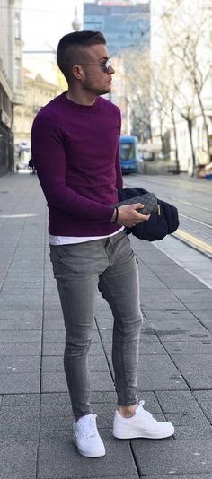 Fall outfit inspiration with a purple sweater white t-shirt slim cut gray denim sunglasses no show socks white sneakers. model unknown. #fallfashion #falloutfits #menswear #menstyle #mensapparel #sweater #whiteshoes #whitesneakers #mensoutfits #menfashion #mensfashion Denim Sunglasses, Purple Sweater Outfit, Purple Shirt Outfits, Guy Outfits, Smart Casuals, Sweater Outfits Men, Mens Smart Casual Outfits, Fall Outfit Inspiration, Shirt Outfit Men