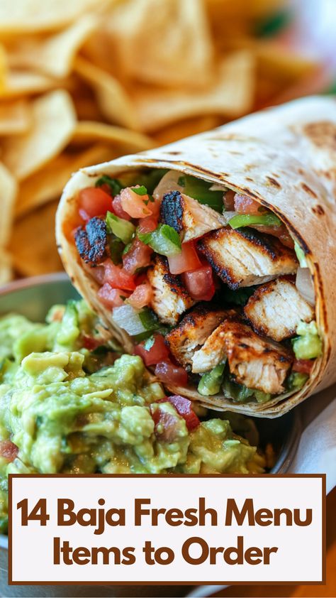 A close-up of a Baja Fresh burrito filled with grilled chicken, fresh vegetables, and vibrant salsa, alongside a bowl of tortilla chips and guacamole, showcasing the restaurant's fresh and flavorful menu items. Baja Salad Recipe, Baja Salad, Chicken Burrito, Burritos Recipe, Chicken Steak, Chicken Burritos, Fresh Chicken, Vegetarian Options, Fresh Salads