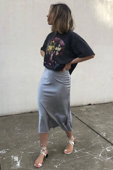 6 Cheap Styling Hacks That Make Outfits Look Expensive | Who What Wear Blue Satin Skirt, Luxurious Outfits, Silk Skirt Outfit, Styling Hacks, Silk Slip Skirt, Wife Style, Monochrome Outfit, Slouchy Tee, All White Outfit