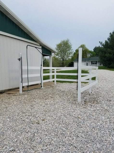 Outdoor wash stall with hose boom for horses Outdoor Wash Bays For Horses, Horse Wash Bay Outdoor, Diy Wash Rack For Horses, Horse Wash Stall Outdoor, Outdoor Wash Rack For Horses, Wash Bays For Horses, Small Barn Ideas Horse, Wash Stalls For Horses, Wash Rack Ideas