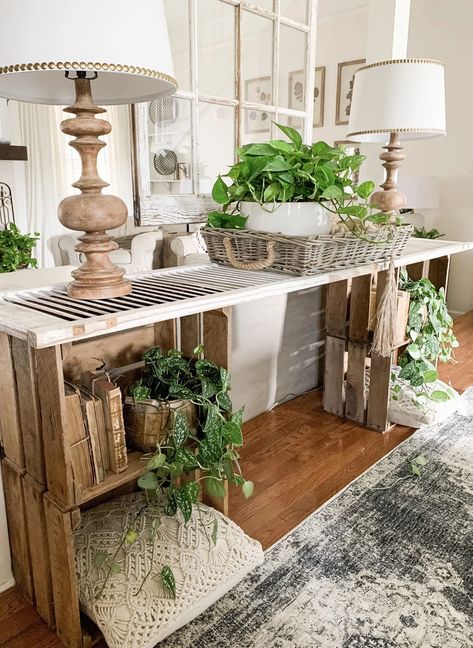 Simple Console Table, European Interiors, Vintage Inspired Rugs, Diy Console, Diy Console Table, Crate Table, Console Table Styling, Studio Mcgee, Table Style