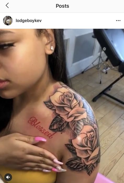 Tattoos For Women Chest Shoulder, Shoulder Sleeves For Women Tattoo, Rose Tattoos For Women Shoulder, Back Tattoo Women Shoulder, Rose Shoulder Tattoos, Super Small Tattoos, Black Women Chest Tattoo, My Mothers Keeper Tattoo Shoulder, Chest Tattoos For Black Women