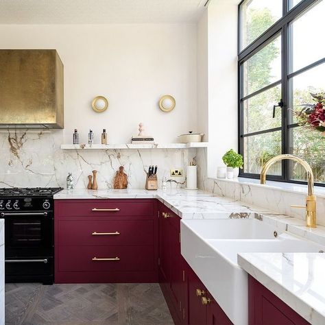 Dark Red Kitchen, Island Ideas Kitchen, Red Kitchen Cabinets, Herringbone Kitchen, Floor To Ceiling Cabinets, Kitchen Larder, Bespoke Kitchen Design, Kitchen Island Ideas, Furniture Design Inspiration