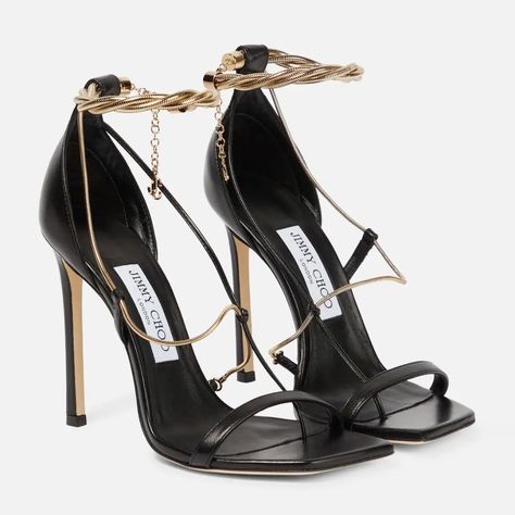 Black And Gold High Heels, Black Heels With Gold Chain, Gold And Black Shoes, Jimmy Choo Black Heels, Black Heels Sandals, Black Gold Heels, Black Heels With Gold, Black And Gold Heels, Luxury High Heels