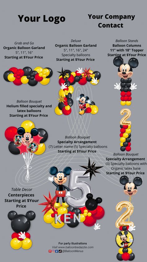 Balloon Pricing Guide, Mickey Mouse Balloon Decor, Balloon Design Ideas, Party Balloons Diy, Balloon Arrangement, Balloon Business, Mickey Mouse Balloons, Balloon Template, Pretty Balloons