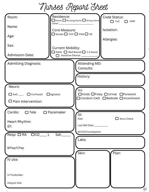 Hello my fellow Nurse friends! I have been super busy with work lately and decided to make a Nurses Report Sheet. I hope that you find this helpful in your day to day, or if you are like me, in the night to night shifts. Thank you so much for loving on all those precious patients!  God Bless! kjh Nurse Must Haves For Work, Nurse Cheat Sheets, Patient Report Sheet, Charting For Nurses, Nurse Friends, Nursing School Life, Nurse Report Sheet, Hello Nurse, Emergency Room Nurse