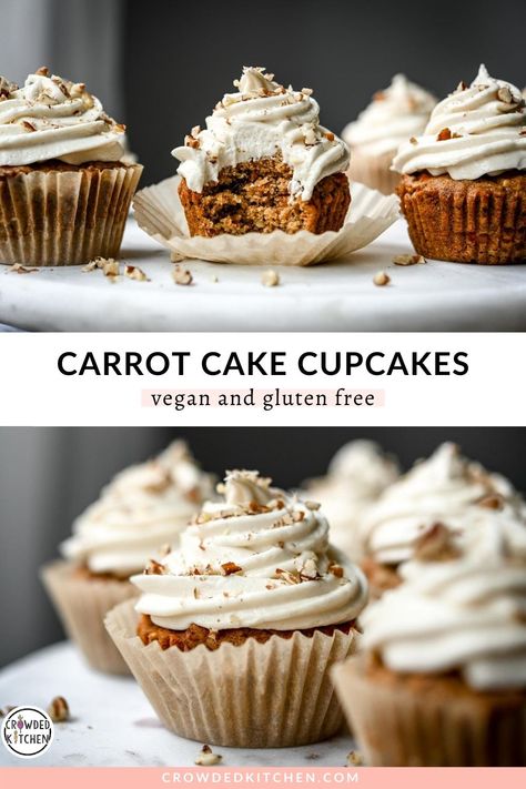 These vegan and gluten free carrot cake cupcakes with dairy-free cream cheese frosting are to die for. Perfectly moist, fluffy, flavorful and topped with a creamy, tangy vegan cream cheese frosting. Equally delicious, easier than making a layer cake, and a perfect vegan dessert! Vegan Carrot Cupcakes, Vegan Carrot Cake, Vegan Carrot Cake Cheesecake, Paleo Carrot Cake Cupcakes, Vegan Carrot Cake With Pineapple, Gluten Free Carrot Cake Cupcakes, Vegan Carrot Cake Cupcakes, Dairy Free Cream Cheese Frosting, Vegan Holiday Desserts