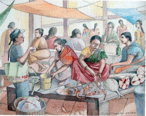 Village Memory Drawing, Fish Market Memory Drawing, Fish Market Drawing, Human Autonomy, Holi Drawing, Figure Composition, Village Scene Drawing, Memory Illustration, Memory Drawing