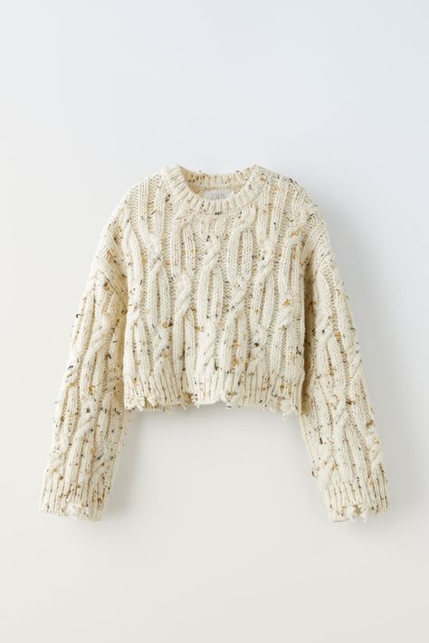 Knitwear for Girls | ZARA United States White Wide Leg Jeans, Zara Knitwear, Unisex Sweater, Knitted Tops, Embroidered Sweater, Beige Sweater, Knitwear Tops, Knitted Tshirt, Knit Outfit