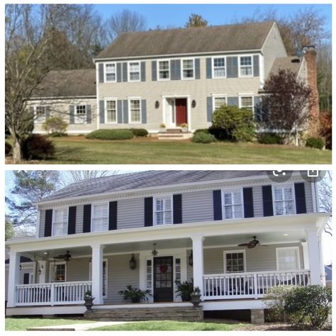 Center Hall Colonial Front Porch, Gray Colonial House Exterior, Colonial House Exterior Porch, Colonial House Exterior Makeover, 1970s Exterior, Colonial Front Porch, Front Porch Lanterns, Vinyl Siding House, Bungalow Remodel