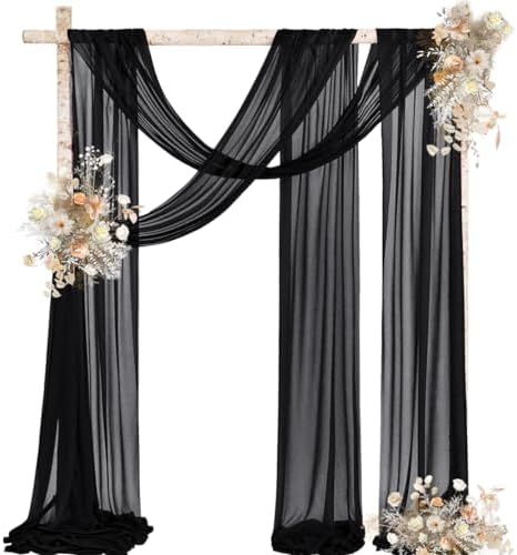 MLMW Wedding Arch Draping Fabric 1 Panel 29" x 20Ft Sheer Arch Drapes Black Chiffon Curtain Backdrop for Wedding Ceremony Party Ceiling Decoration Black Wedding Arch Draping, Wedding Arch Black And Gold, Black Tulle Backdrop, Wedding Arch Black Fabric, Black Tulle Backdrop With Lights, Wedding Arch Sheer Curtain, Curtain Backdrop Wedding, Party Ceiling Decorations, Black Sheer Curtains