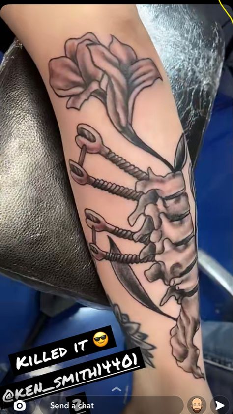 Vertebra tattok with titanium screws sticking out. Its a tribute piece my daughter got for me since i have titanium rods and screws in my bake Vertebrae Tattoo, Spine Vertebrae, Tattoo Drawings, My Daughter, Geometric Tattoo, Tattoo Designs, Tattoos