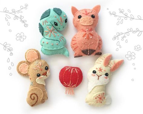 Embroidery craft patterns and kits made just for you by littledear Plush Sewing Patterns, Felt Pillows, Plush Sewing, Chinese New Year Zodiac, Felt Animal Patterns, Baby Mobil, Felted Art, Felt Animal, Animal Sewing Patterns