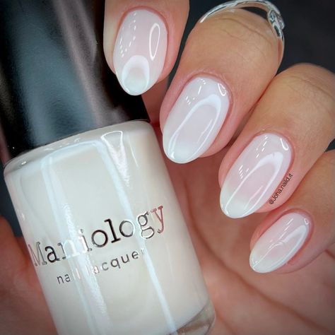 Gel Manicure Milky White, July Nails 2024 Summer, Frosted Nail Polish, Nice Neutral Nails, White Nails Bridesmaid, Milk White Nail Polish, Neutral Nails Shimmer, Opec White Nails, Bridal Natural Nails