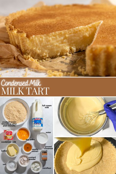 A milk tart on a white background. Milk Tart With Condensed Milk, Milk Tart South African, Condensed Milk Tart, South African Milk Tart, Melktert Recipe, Milk Tart Recipe, Condensed Milk Recipes Desserts, Cafe Board, Egg Tart Recipe