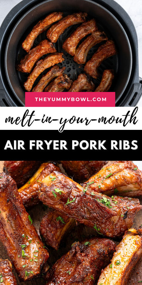 Melt-in-your-mouth air fryer pork ribs are the best lunch or dinner that's flavorful and delicious. These pork ribs are made in the air fryer so they're so much easier to throw together. Try these air fryer pork ribs for dinner or lunch today! Air Fryer Ribs, Baby Back Pork Ribs, Air Fryer Pork, Boneless Ribs, Pork Rib Recipes, Air Fryer Oven Recipes, Air Fry Recipes, Ribs Recipe, Air Fryer Dinner Recipes