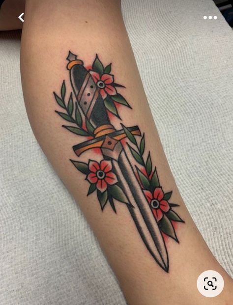 Traditional Tattoos Forearm Women, Aesthetic American Traditional Tattoos, Traditional Swords Tattoo, American Traditional Tattoos Knife, 3 Of Swords Tattoo Traditional, Forearm Tattoo American Traditional, Traditional Tattoos With Words, Forearm Tattoo Women Traditional, American Tradional Tattoos