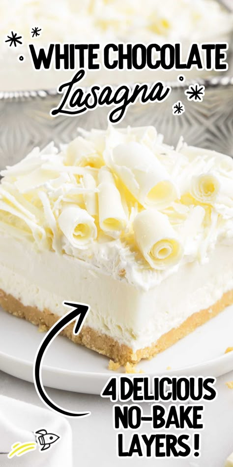 White Layer Cake With Fudge Brownie, White Chocolate Instant Pudding Recipes, White Chocolate Lasagna, White Chocolate Pudding Desserts, White Chocolate Pudding Cake, Mint Chip Desserts, White Chocolate Recipes Desserts, Lasagna Desserts, Chocolate Lasagna Dessert