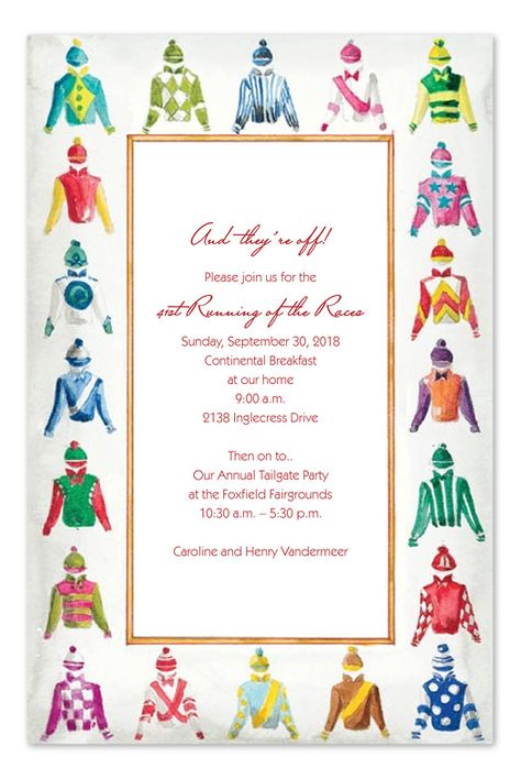 JOCKEY JERSEYS HORSE RACING PARTY INVITATION Activities Coordinator, Preakness Party, Kentucky Derby Invitations, Sports Pavilion, Derby Invitations, Derby Party Invitations, Kentucky Derby Themed Party, Horse Racing Party, Race Night