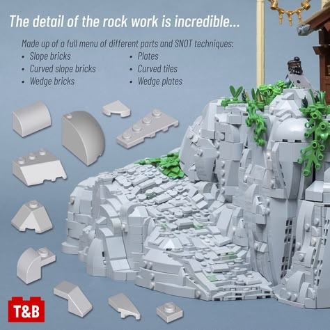 Lego Rock Technique, Lego Landscape Technique, Lego Terrain, Lego Mountain, Lego Garden, Lego Lotr, Lego Avatar, Lego Landscape, Pirate Lego