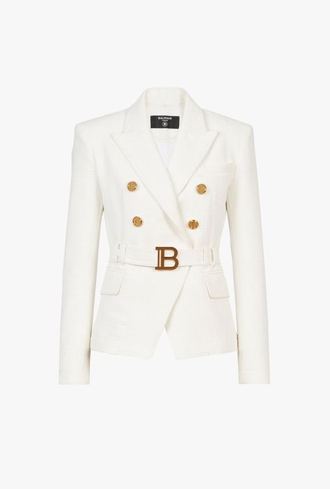 Double Breasted White Cotton Blazer With Balmain Buckle for Women - Balmain.com Balmain Designer, Balmain Jacket, Balmain Fashion, Barbie Sewing, Balmain Collection, Balmain Blazer, Half Jacket, Blazer Jackets For Women, Design Clothes