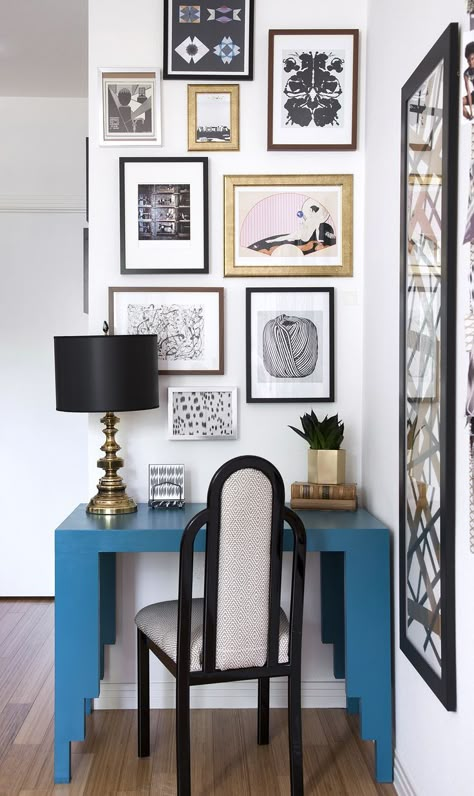 Around The Studio… Apartment Gallery Wall, Blue Desk, Gallery Wall Ideas, Studio Apartment Decorating, Diy Desk, Gallery Walls, Cubicle, Wall Ideas, Hollywood Regency