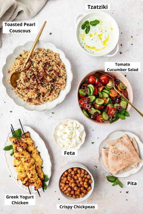 Tzatziki Meals, Greek Tzatziki Bowl, Greek Bowls Chicken, Greek Bowl Meal Prep, Chicken Greek Bowls, Tzatziki Mediterranean Dish, Couscous Meal Prep, Mediterranean Potato Tzatziki Bowl, Couscous Tzatziki