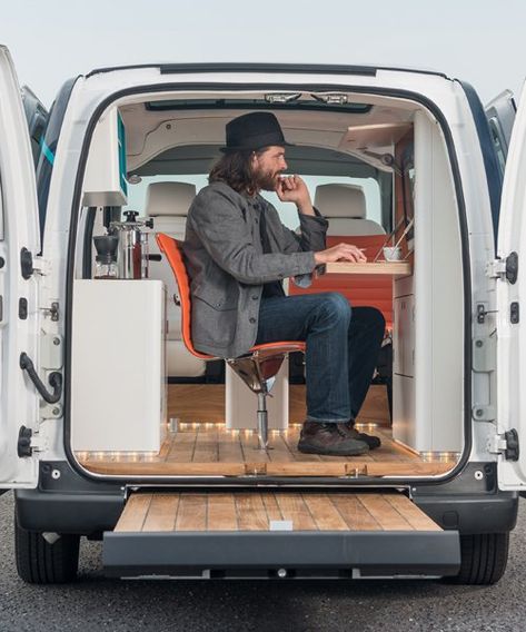 nissan e-NV200 WORKSPACe is the world's first all-electric mobile office Van Conversion Office, Camper Furniture, 4x4 Camper Van, Sprinter Van Conversion, Build A Camper Van, Mobile Office, Build A Camper, Van Life Diy, Car Camper