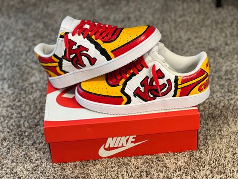 Chiefs Shoes Diy, Kc Chiefs Designs, Kansas City Chiefs Shoes, Kansas City Chiefs Custom Shoes, Kansas City Chiefs Furniture, Chiefs Clothing, Kc Chiefs Clothing, Cool Nike Shoes, Purple Motorcycle