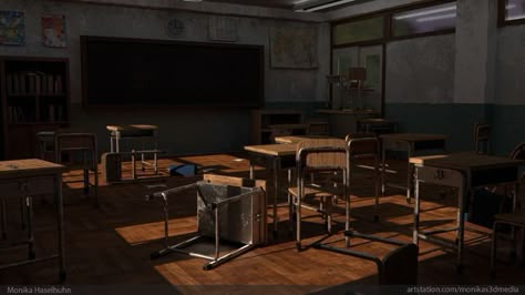 Horror Classroom, Scary Classroom, Abandoned Classroom, Anime Living Room, Kota Factory, Portfolio Painting, Research Project Ideas, Zombie School, School Portfolio