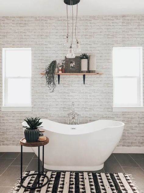 Small Bathroom Upgrades, Faux Brick Accent Wall, Faux Brick Wallpaper, Brick Bathroom, Fake Brick, Dark Accent Walls, Brick Accent Wall, Shiplap Ceiling, Faux Brick Walls