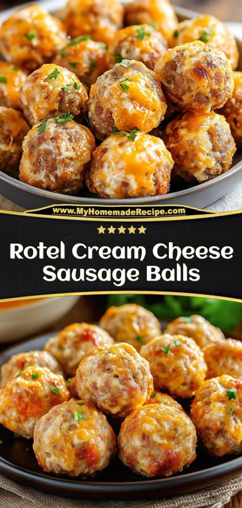 These Rotel Cream Cheese Sausage Balls are savory, cheesy bites with a hint of spice, perfect for appetizers or snacking! Ingredients: 1 lb breakfast sausage 1 can Rotel (drained) 1 cup cream cheese 1 cup biscuit mix A quick and delicious party favorite with a spicy kick Snack Mix Recipes Savory, Breakfast Sausage Balls, Sausage Balls With Cream Cheese, Keto Finger Foods, Cheese Sausage Balls, Spicy Breakfast, Cream Cheese Sausage, Bacon Wrapped Sausages, Cheesy Bites