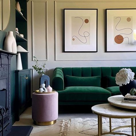 • G E M M A • (@my_midcenturymakeover) • Instagram photos and videos Mid Century Apartment, Rooms Design, Lvt Flooring, Green Velvet Sofa, Chimney Breast, Green Sofa, Living Room Green, Apartment Living Room, Luxury Vinyl