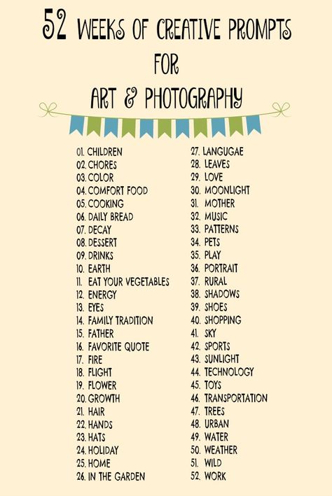 52 Weeks of Creative Prompts for Art and Photography Projects Weekly Art Prompts, Picture Prompts Photographs, One Word Art Prompts, Monthly Art Prompts, Photography Projects For Students, Photography Prompts Ideas, Photography Challenge Beginners, Photography Prompts, Photography Challenges