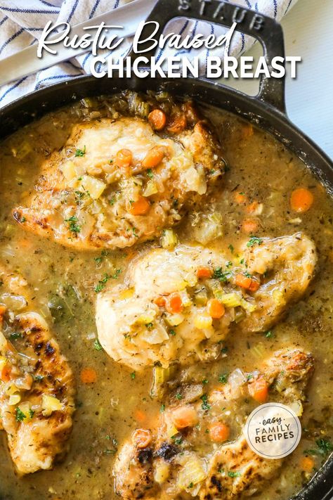 This rustic braised chicken breast recipe is a one-pan dish that promises juicy and tender chicken infused with savory flavors. It's perfect for an easy and delicious family dinner for busy weeknights. The simple step of deglazing the pan with a splash of white wine adds depth to the dish, and you'll have a flavorful masterpiece that's sure to impress. Enjoy the ultimate weeknight meal that's both easy to make and delicious. Recipes For Braising Pan, Chicken Braised Recipes, French Chicken Breast Recipes, Savory Chicken Breast Recipes, Chicken Breast Dutch Oven Recipes, Chicken Breast In Dutch Oven, Pounded Chicken Breast Recipes, Split Chicken Breast Recipes, Skillet Chicken Breast