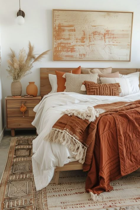 Arizona Bedroom, Earthy Modern Bedroom, Australia Apartment, Ethnic Bedroom, Fall Decor Cozy, Modern Boho Minimalist, Bedroom Concept, Earthy Modern, Leaves Changing Color