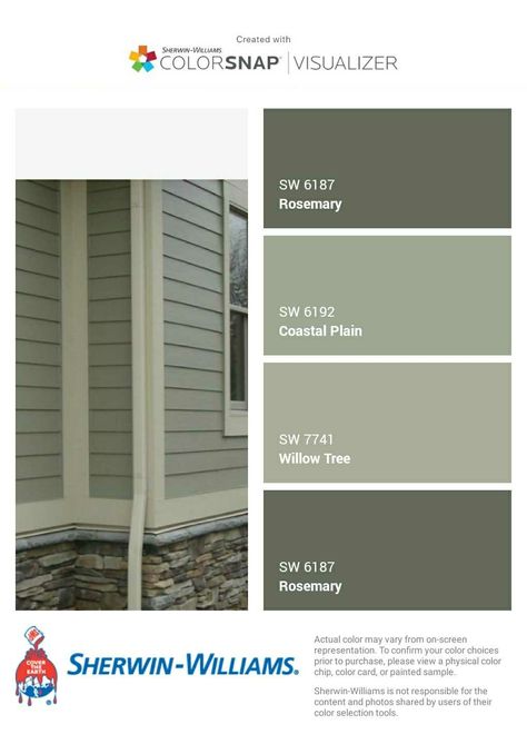 Green Paint Colors For Exterior Of House, Green Exterior House Colors Sherwin Williams, Green Paint Exterior House, Sherwin Williams Green Exterior Paint, Gray Green Exterior Paint Colors, Exterior Green House Colors, Green Color House, Outdoor Color Palette, Green Exterior Paints