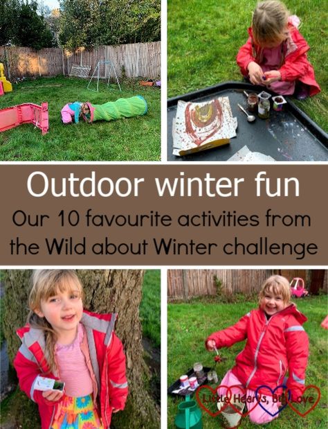 An obstacle course set up in the garden; Sophie doing mud painting; Sophie holding a matchbox filled with tiny nature treasures; Sophie making a mud potion in the garden - "Outdoor winter fun: our 10 favourite activities from the Wild about Winter challenge" Winter Outside Activities For Kids, Eyfs Outdoor Activities, Outdoor Winter Activities For Kids, Winter Outdoor Play, Winter Challenge, Mud Painting, Outside Activities For Kids, Winter Picnic, Preschool Play