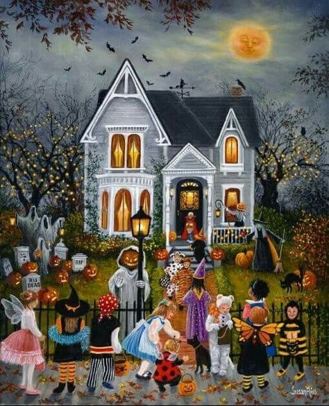 Halloween Art 🎃 Painting Ghosts, Scary Night, Halloween Folk Art, Halloween Artwork, Halloween Scene, Halloween Illustration, Halloween Painting, Halloween Vintage, Halloween Images