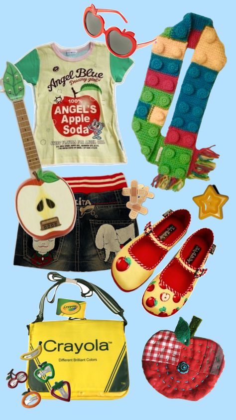 Kindergarten Teacher Outfit, Eclectic Outfit Ideas, Bold Colors Fashion, Eclectic Outfit, Kidcore Outfit, Kidcore Fashion, Kidcore Clothing, Twee Aesthetic, Apple Kindergarten