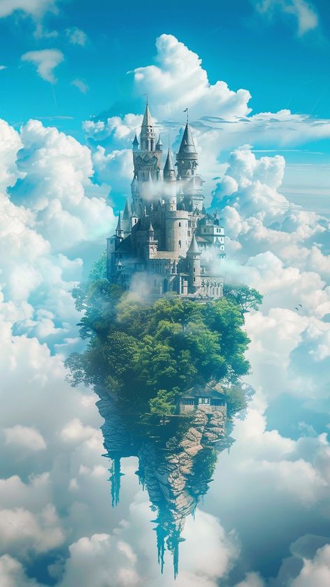 Castle high above the clounds on floating rock.  #castle #floating #clouds #dream #flying Floating Castle Drawing, Floating City Fantasy Art, Wind Kingdom, Flying Castle, Floating Castle, Castle Inspiration, Castle Mural, Castle In The Clouds, Floating Clouds