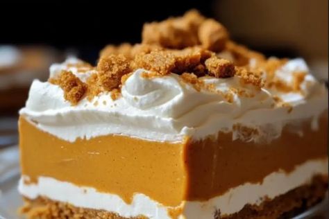 Creamy Layered Pumpkin Dessert with a Ginger Snap Crust Creamy Layered Pumpkin Dessert With A Ginger Snap Crust, Pumpkin Lush, Ginger Snap Crust, Layered Pumpkin Dessert, Pumpkin Delight, Thanksgiving Food Sides, Layered Dessert, Frozen Pumpkin, Gingersnap Crust