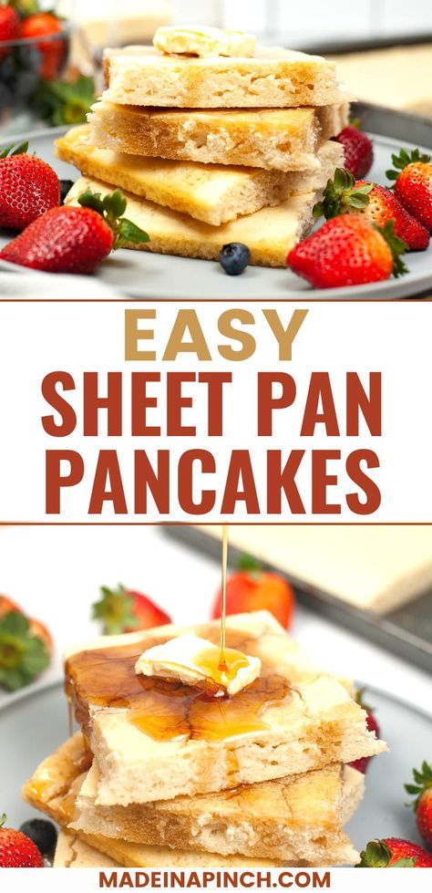 Sheet Pan Pancakes will be your new go-to breakfast option! Pancakes are a breakfast favorite for many, but making them can be time-consuming and messy. Sheet Pan Pancakes offer the same great flavor and texture as traditional pancakes, without the waiting, flipping, or eating in shifts! Easy Peasy - and stupid easy to customize to everyone's preferences! Homemade Sheet Pan Pancakes, Banana Sheet Pan Pancakes, Cinnamon Swirl Sheet Pan Pancakes, Pan Pancakes Sheet, Cookie Sheet Pancakes, Sheet Pan Pancakes With Pancake Mix Easy, Sheet Pan Pancakes Krusteaz, Pancake Sheet Pan, Pancake Bars