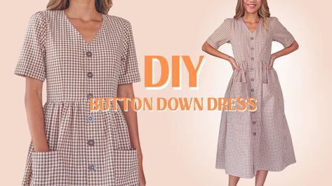 DIY Button down midi dress (with short sleeve and front pocket) | Beginner friendly sewing tutorial - YouTube Button Down Dress Pattern, Button Dress Pattern, Button Front Dress Pattern, House Dress Pattern, Diy Skirts, Dress Sewing Patterns Free, Button Down Midi Dress, Simple Dress Pattern, Dress Patterns Free