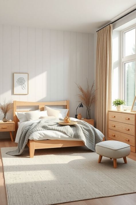 Sunny bedroom with a wooden bed, neutral bedding, and cozy decor. Scandi Bedroom Decor, Scandi Bedroom Ideas, Minimalist Scandinavian Bedroom, Cozy Scandinavian Bedroom, Light Wood Accents, Scandinavian Bedroom Design, Scandinavian Living Room Ideas, Minimalism Scandinavian, Scandi Aesthetic