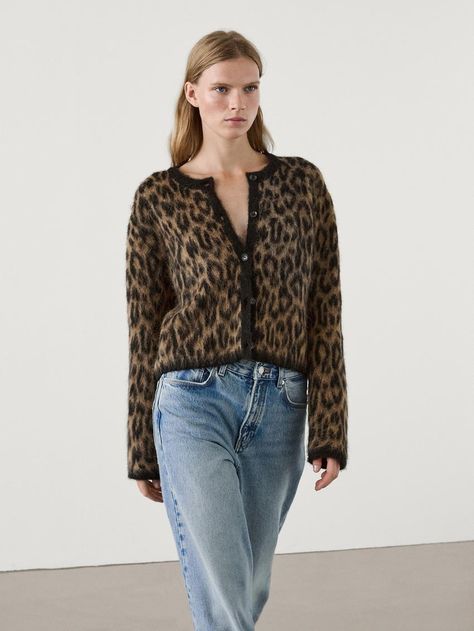 Wool blend animal print cardigan · Brown, Dark Grey · Sweaters And Cardigans | Massimo Dutti Leopard Print Cardigan Outfit, Print Cardigan Outfit, Leopard Cardigan Outfit, Cropped Coat, Leopard Cardigan, Cardigan Outfit, Leopard Print Cardigan, Leopard Print Sweater, Button Sweater