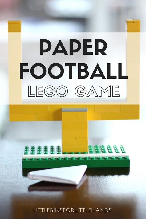 Make a paper football game for a  simple screen free activity on an indoor day. Add  LEGO goal posts to your next paper football game. Fun family game for kids and adults. Cool activities for everyone to enjoy. Lego Stem Activities, Sports Day Activities, Lego Football, Paper Football, Games Camping, Lego Play, Lego Math, Football Activity, Family Games For Kids