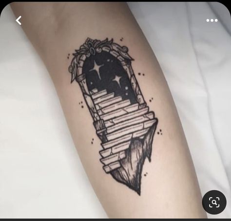 Window To The Soul Tattoo, Door Tattoo Traditional, Gothic Door Tattoo, Fantasy Window Tattoo, Portal Door Tattoo, Path Tattoo Design, Stairwell Tattoo, Metalcore Tattoo Ideas, Stairway To Nowhere Tattoo