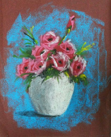 "Flower vase" Oil pastels on sand paper Flower Vase Oil Pastels, Oil Pastel Flower Vase, Dry Pastels Art, Soft Pastels Paintings Easy, Soft Pastel Art Ideas Easy, Dry Pastel Art Easy, Oil Pastels Flowers, Sand Art On Paper, Flowers With Oil Pastels